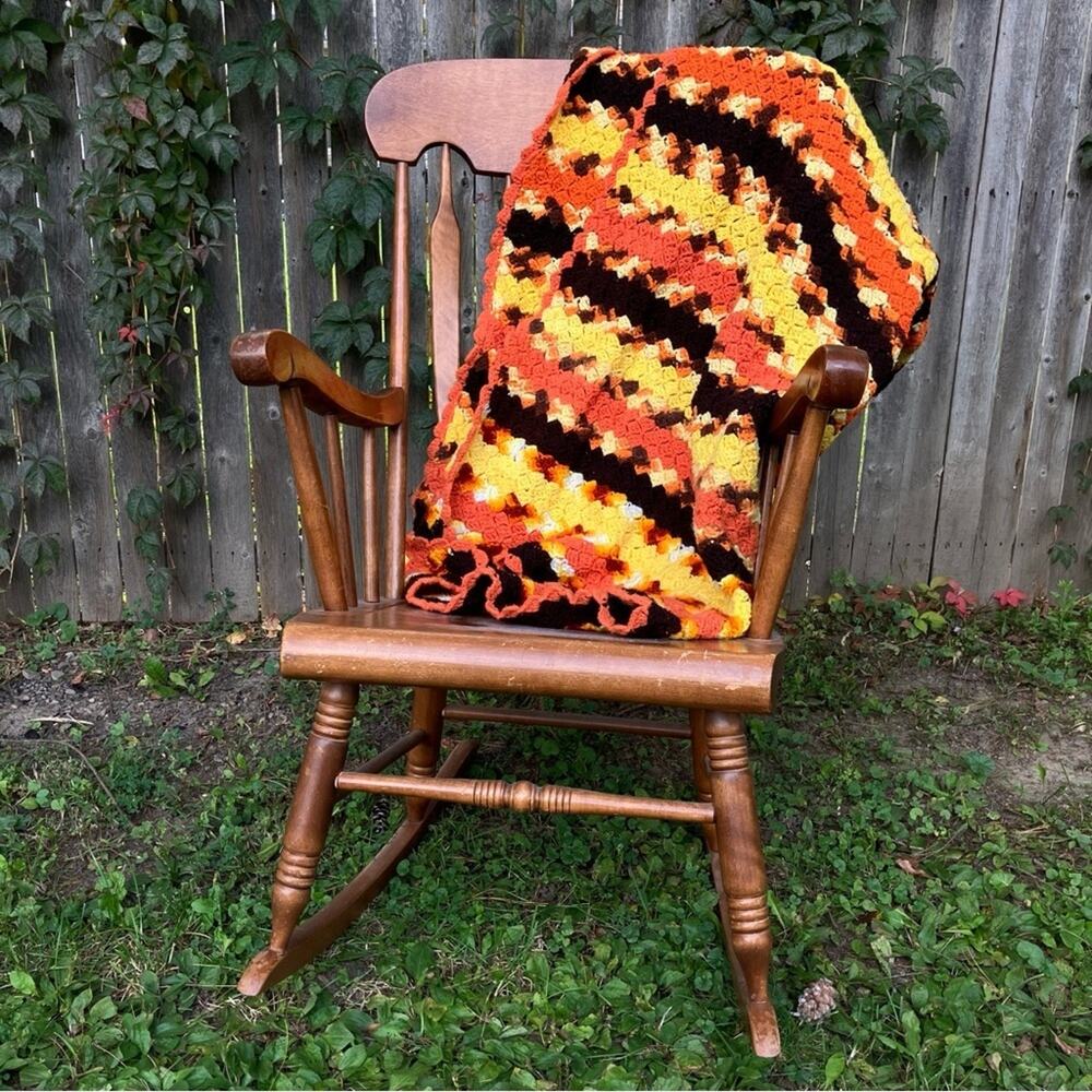 Vintage 1970's Style Crocheted Stripe Afghan Blanket 56x50"